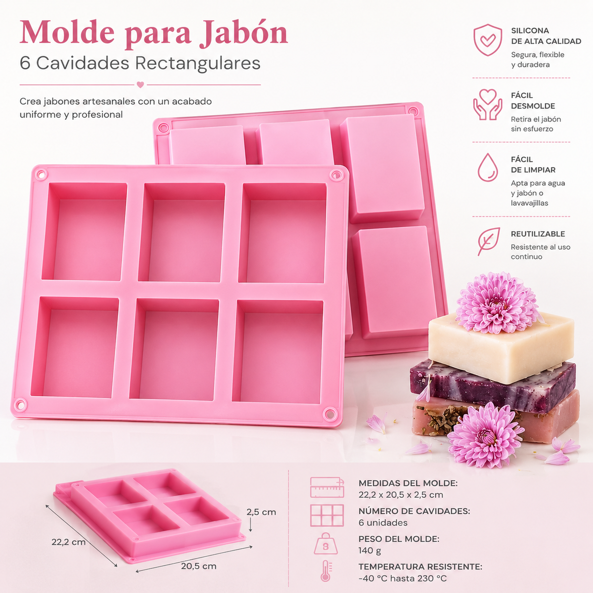 Molde para jabón 6 cabidades rectangular