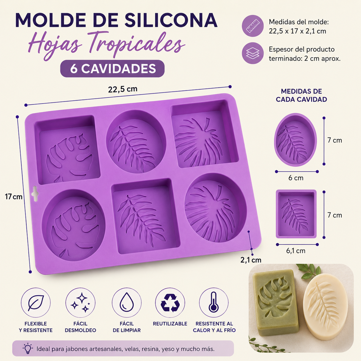 Molde para jabón 6 unidades con hojas tropicales