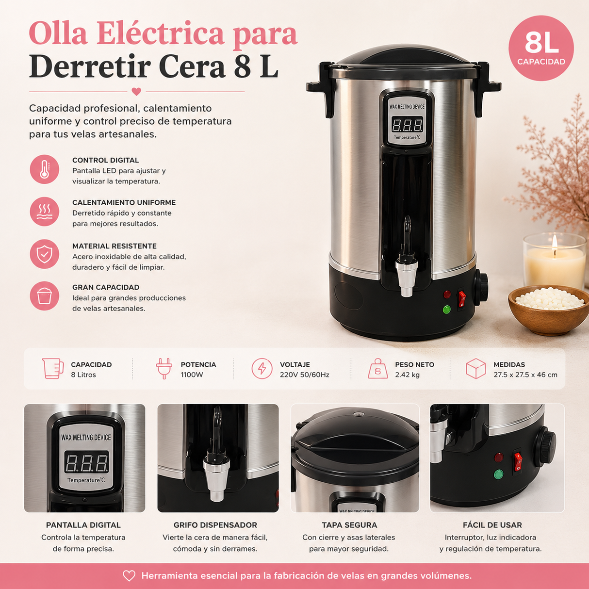 Olla eléctrica para derretir cera de 8 litros